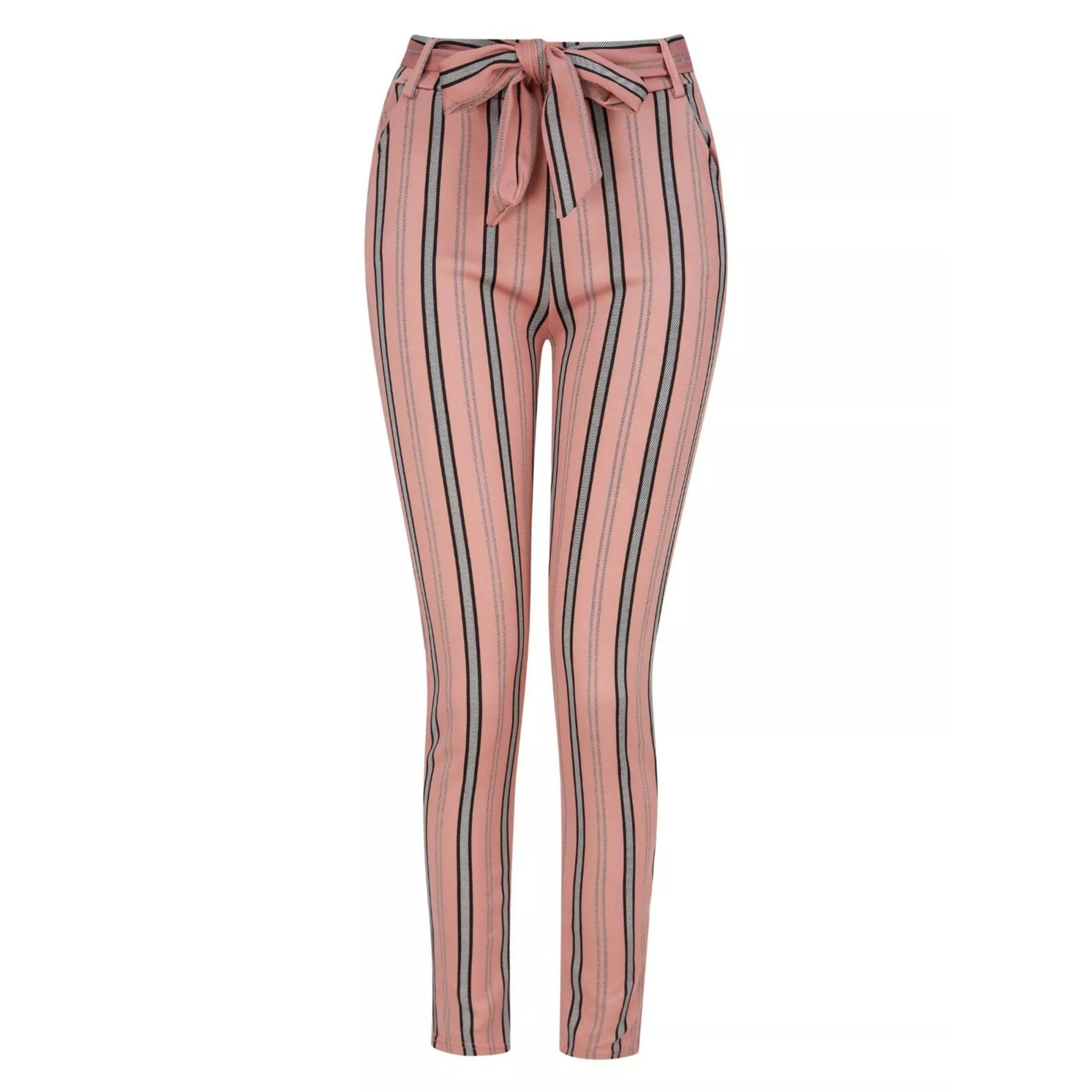 Women's high-waisted belted trousers in pink with vertical black and white stripes, featuring a tie-front waist and slim fit.